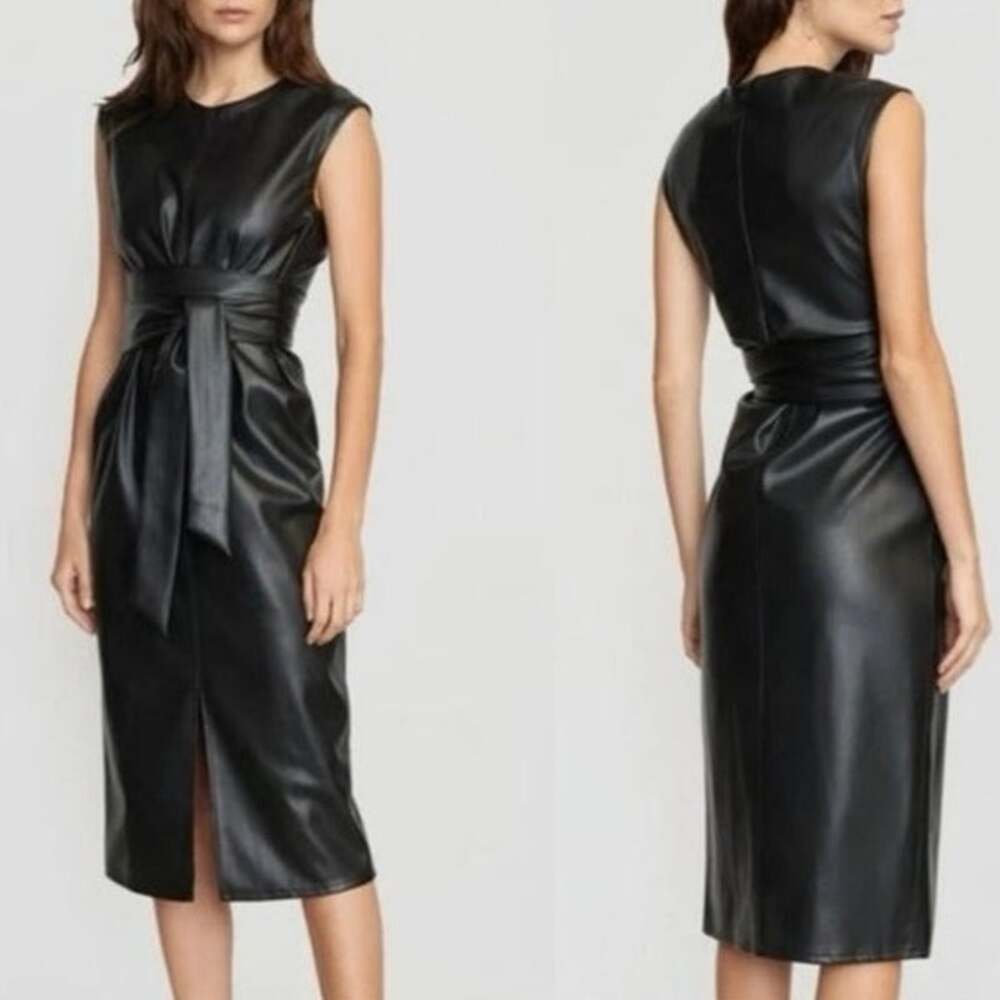 ⁠Modern Citizen Pilar Vegan Leather Tie Front Midi Dress Black Minimalist⁠ Sz M